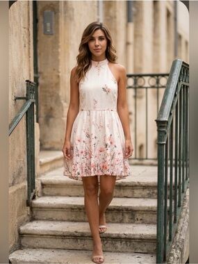 NWT Alter’d State Floral Halter Open-Back Mini Dress Size: Medium Color: Ivory